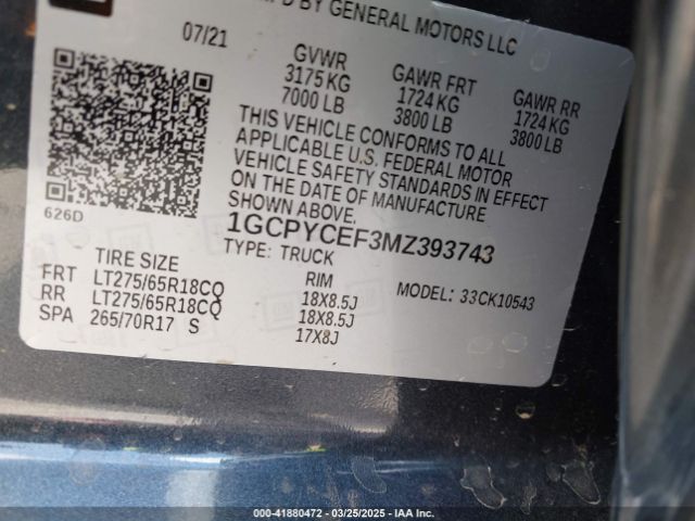 1GCPYCEF3MZ393743 Chevrolet Silverado 1500 4wd  Short Bed Custom Trail Boss
