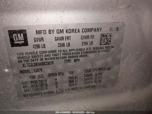 KL7CJLSB5KB833078 Chevrolet Trax Lt