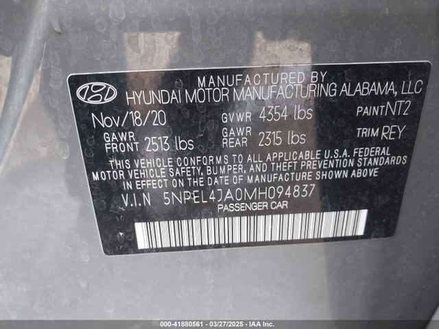 5NPEL4JA0MH094837 Hyundai SONATA SEL