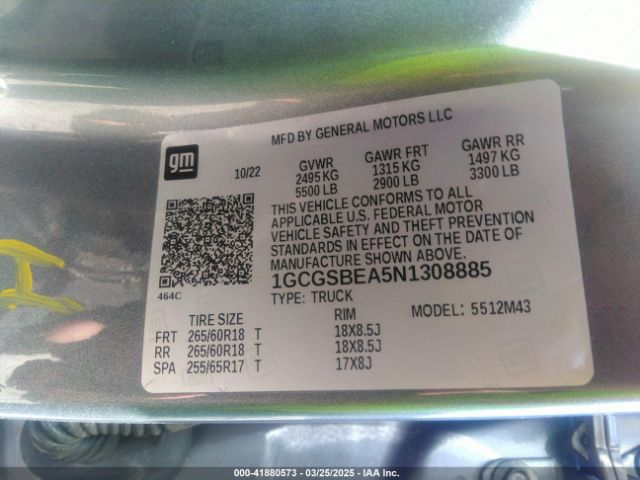 1GCGSBEA5N1308885 Chevrolet Colorado 2wd  Short Box Wt
