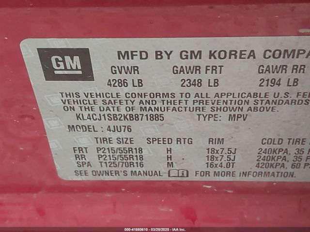 KL4CJ1SB2KB871885 Buick Encore Fwd Sport Touring