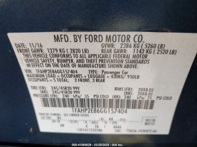 1FAHP2E86GG157404 Ford TAURUS SEL