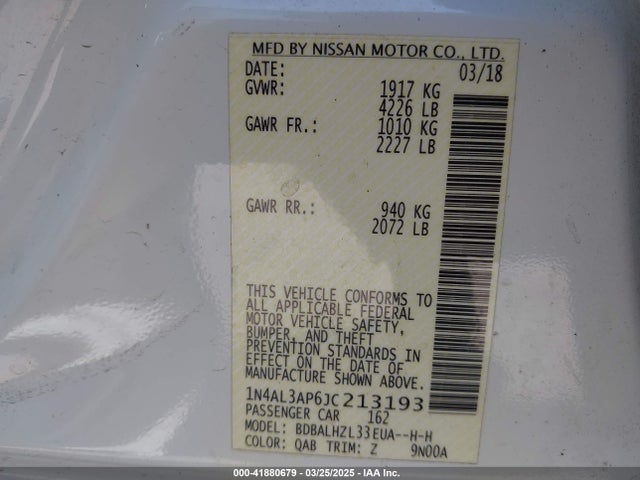 1N4AL3AP6JC213193 Nissan Altima 2.5 Sr