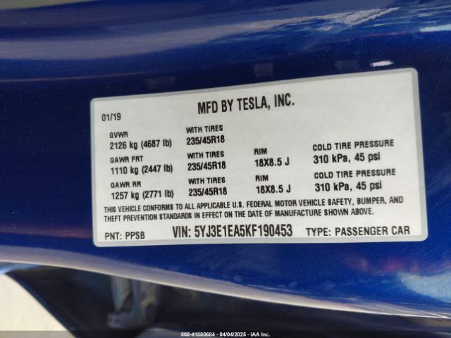 5YJ3E1EA5KF190453 Tesla Model 3 Long Range/mid Range/standard Range/standard Range Plus