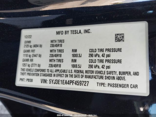 5YJ3E1EA4PF459727 Tesla Model 3 Rear-wheel Drive