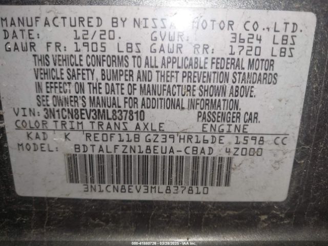 3N1CN8EV3ML837810 Nissan Versa Sv Xtronic Cvt