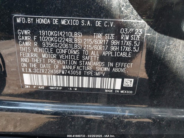 3CZRZ2H36PM743058 Honda Hr-v Awd Lx
