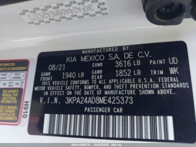 3KPA24AD8ME425373 KIA RIO S
