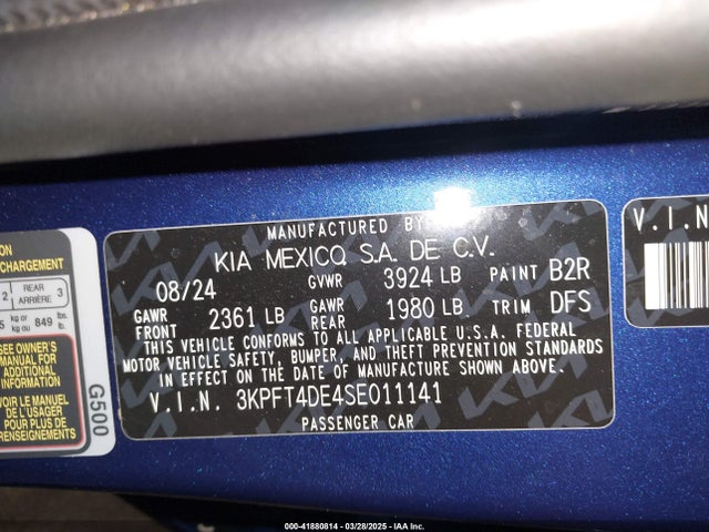 3KPFT4DE4SE011141 KIA K4 Lxs