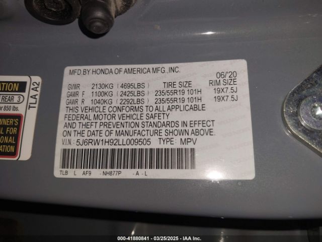 5J6RW1H92LL009505 Honda Cr-v 2wd Touring