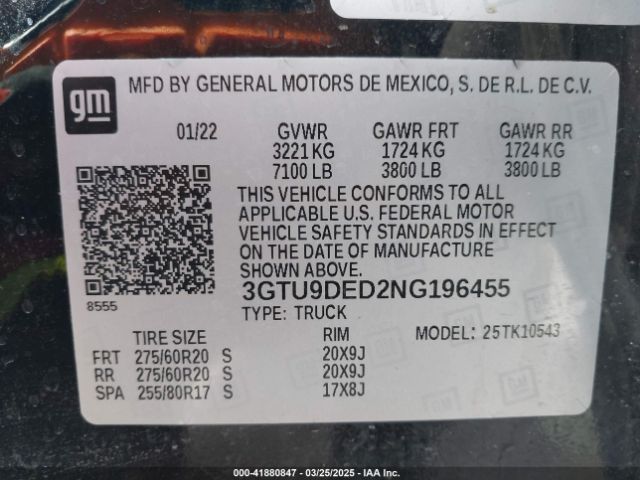 3GTU9DED2NG196455 GMC Sierra 1500 Limited 4wd  Short Box Slt