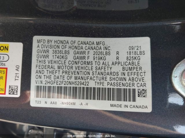 2HGFE2F20NH529422 Honda Civic Lx