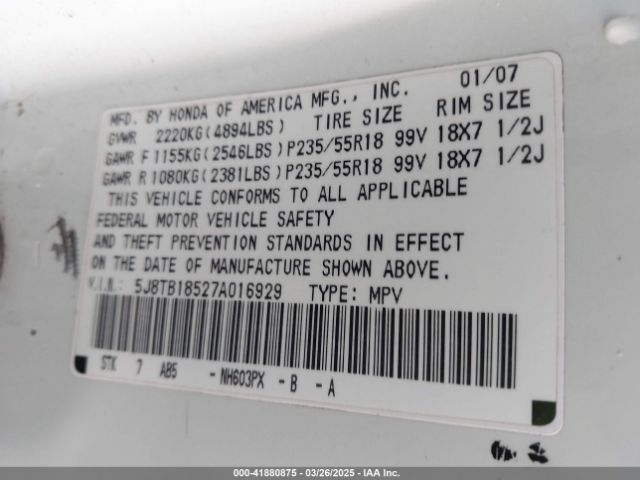 2007 ACURA RDX 5J8TB18527A016929 Photo 8