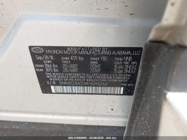 5NMS23AD4KH046066 Hyundai Santa Fe Se