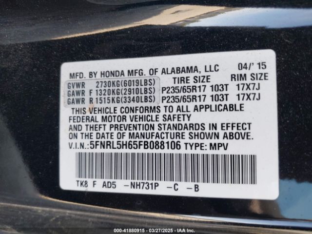 5FNRL5H65FB088106 Honda Odyssey Ex-l