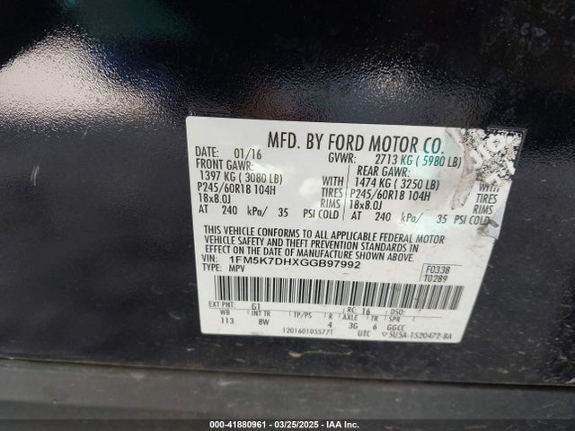 1FM5K7DHXGGB97992 Ford EXPLORER XLT