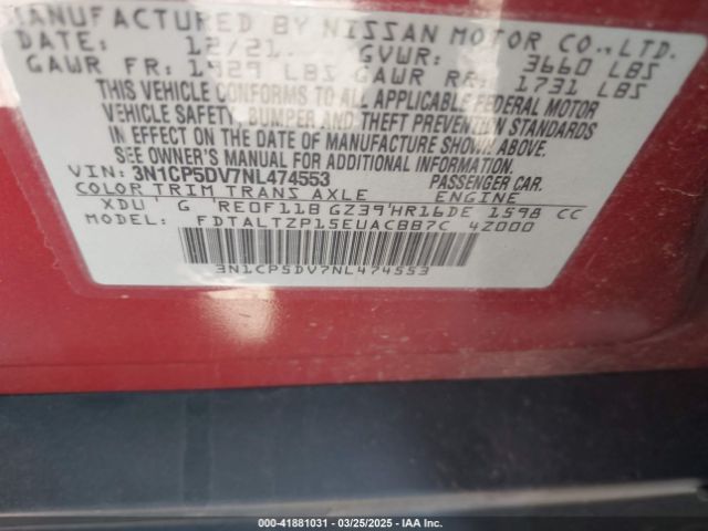 3N1CP5DV7NL474553 Nissan Kicks Sr Xtronic Cvt