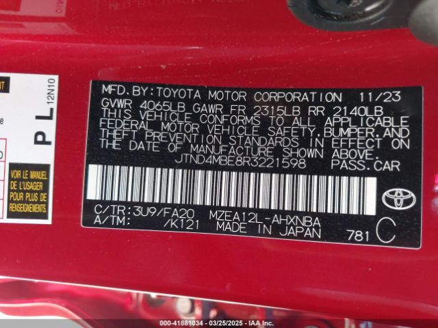 JTND4MBE8R3221598 Toyota COROLLA SE
