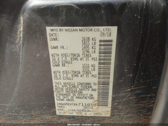 1N6AD0EV7KN711050 Nissan Frontier Sv