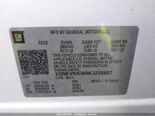 1GNEVKKW9KJ235697 Chevrolet Traverse Premier