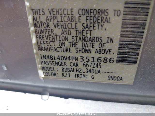 1N4BL4DV4PN351686 Nissan Altima Sv Fwd
