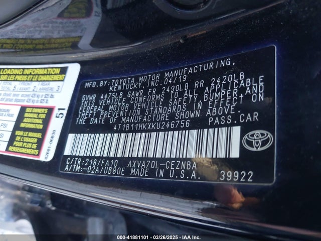 4T1B11HKXKU246756 Toyota CAMRY LE