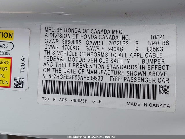 2HGFE2F55NH539938 Honda Civic Sport