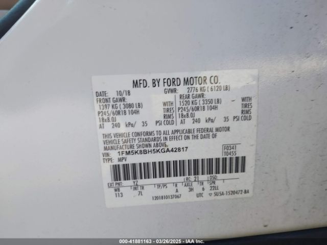 1FM5K8BH5KGA42817 Ford Explorer