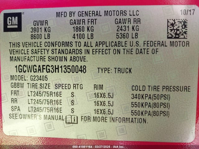 1GCWGAFG3H1350048 Chevrolet Express 2500 Work Van