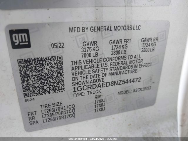 1GCRDAED8NZ544472 Chevrolet Silverado 1500 4wd  Standard Bed Wt