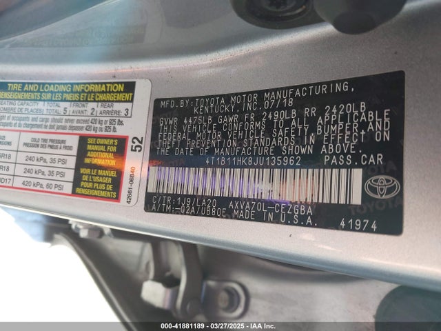 4T1B11HK8JU135962 Toyota CAMRY XLE