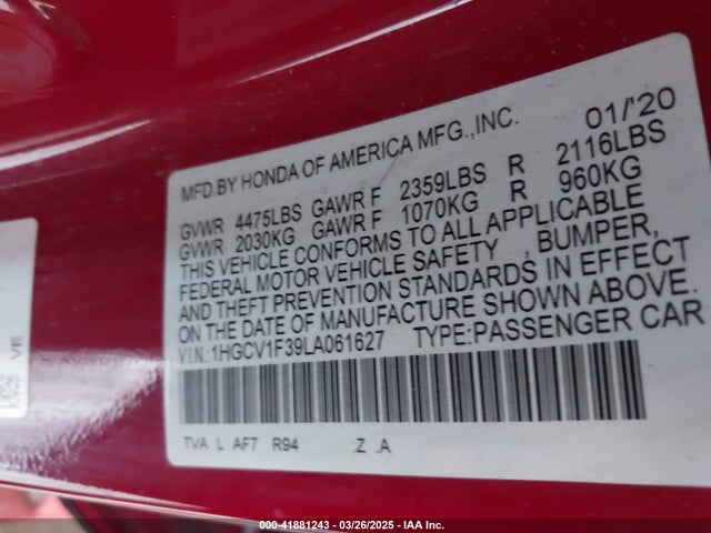 1HGCV1F39LA061627 Honda Accord Sport
