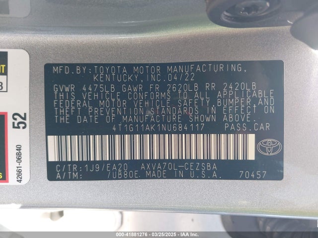 4T1G11AK1NU684117 Toyota CAMRY SE