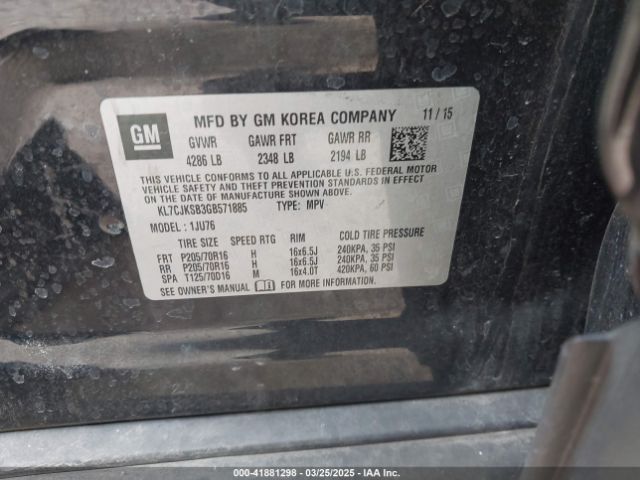 KL7CJKSB3GB571885 Chevrolet Trax 1ls