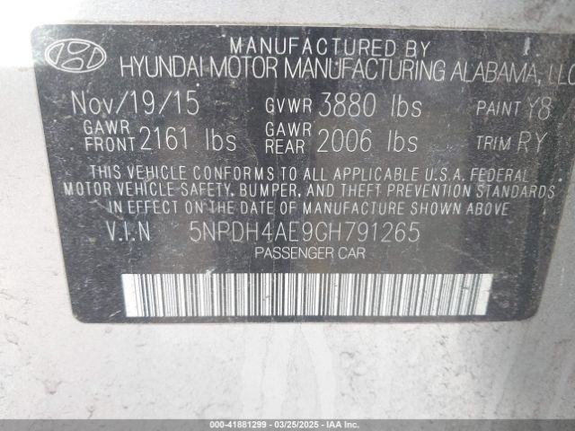 5NPDH4AE9GH791265 Hyundai Elantra Value Edition