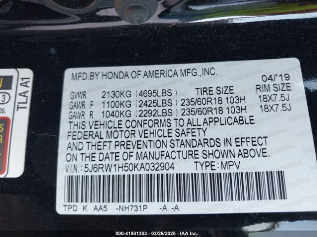 5J6RW1H50KA032904 Honda CR-V EX