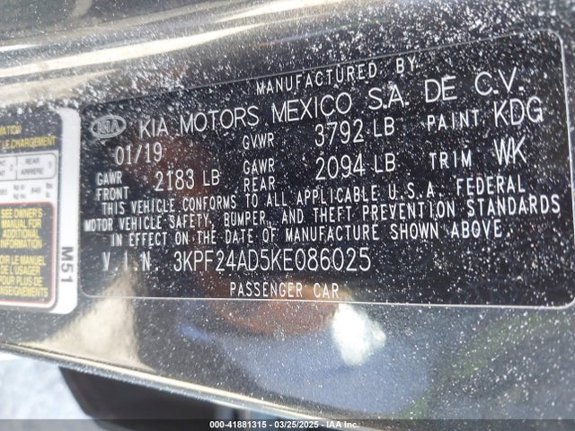 3KPF24AD5KE086025 KIA Forte Lxs