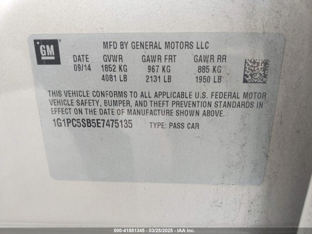1G1PC5SB5E7475135 Chevrolet Cruze 1lt Auto