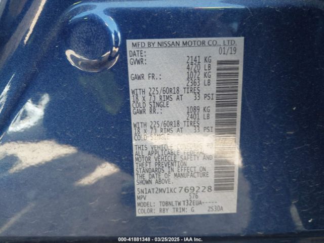 5N1AT2MV1KC769228 Nissan ROGUE SV