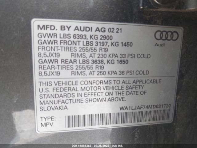 WA1LJAF74MD031720 Audi Q7 Premium Plus 45 Tfsi Quattro Tiptronic