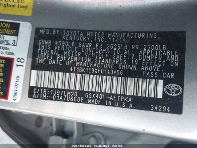4T1BK1EBXFU143456 Toyota AVALON LIMITED