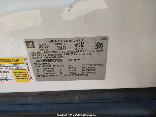 1GKKVRKD7FJ316565 GMC Acadia Slt-1