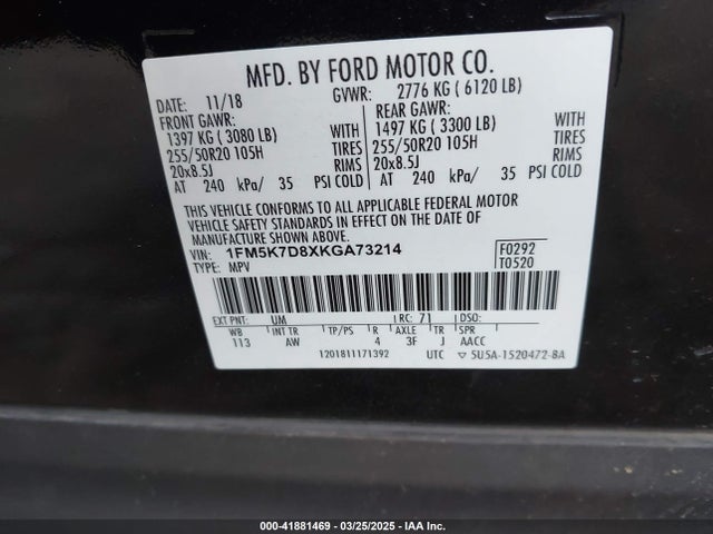 1FM5K7D8XKGA73214 Ford EXPLORER XLT
