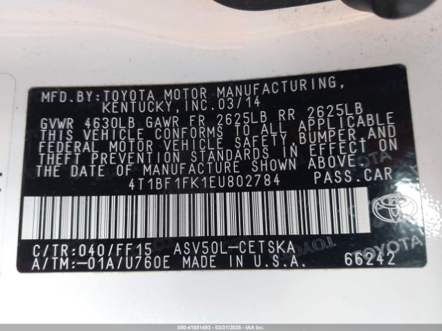 4T1BF1FK1EU802784 Toyota CAMRY SE
