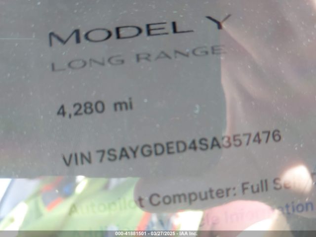 7SAYGDED4SA357476 Tesla Model Y Long Range Dual Motor All-wheel Drive