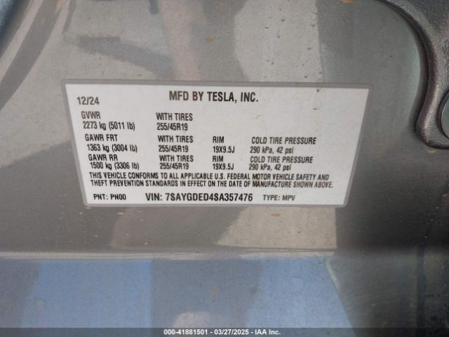 7SAYGDED4SA357476 Tesla Model Y Long Range Dual Motor All-wheel Drive