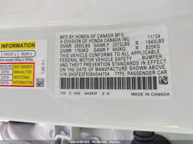 2HGFE2F50SH544704 Honda Civic Sport