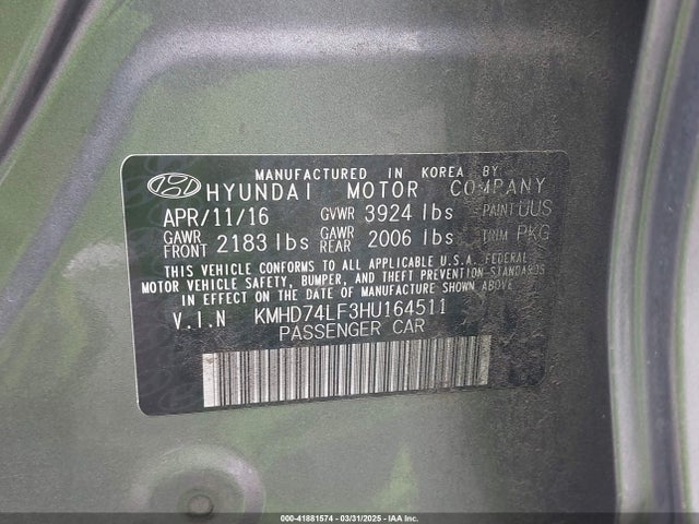 KMHD74LF3HU164511 Hyundai ELANTRA SE
