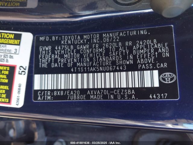 4T1S11AK5NU067443 Toyota CAMRY SE