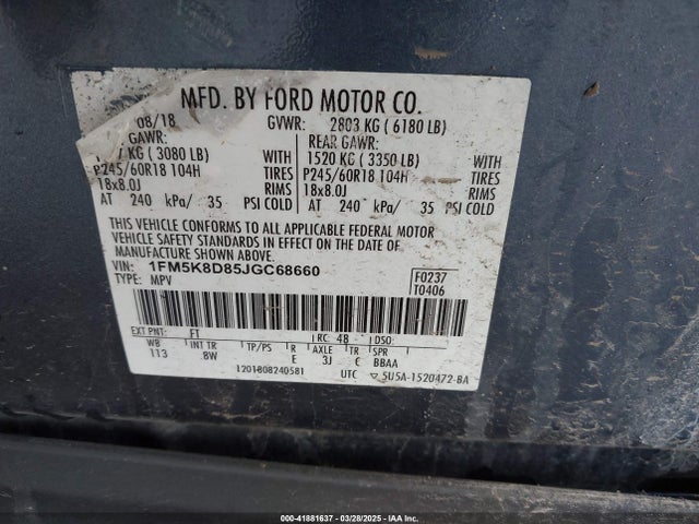 1FM5K8D85JGC68660 Ford EXPLORER XLT